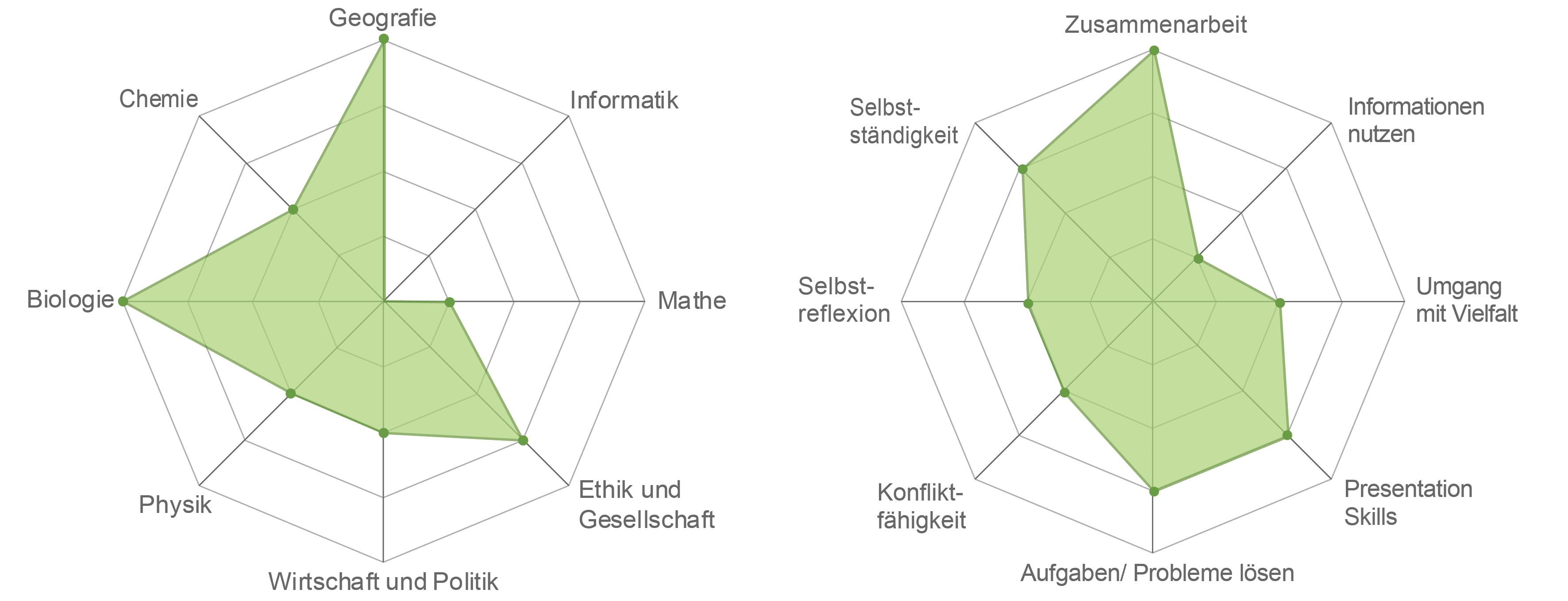 Links, Spiderweb für Fachbereiche (Werte von 0 bis 5): Chemie=2, Geographie=4, Informatik=0, Mathe=1, Ethik und Gesellschaft=3, Wirtschaft und Politik=2, Physik=2, Biologie=4. Rechts, Spiderweb für Skills (Werte von 0 bis 5): Selbständigkeit=3, Zusammenarbeit=4, Informationen nutzen=1, Umgang mit Vielfalt=2, Presentation Skills=3, Probleme lösen=3, Konflikt-Fähigkeit=2, Selbstreflexion=2