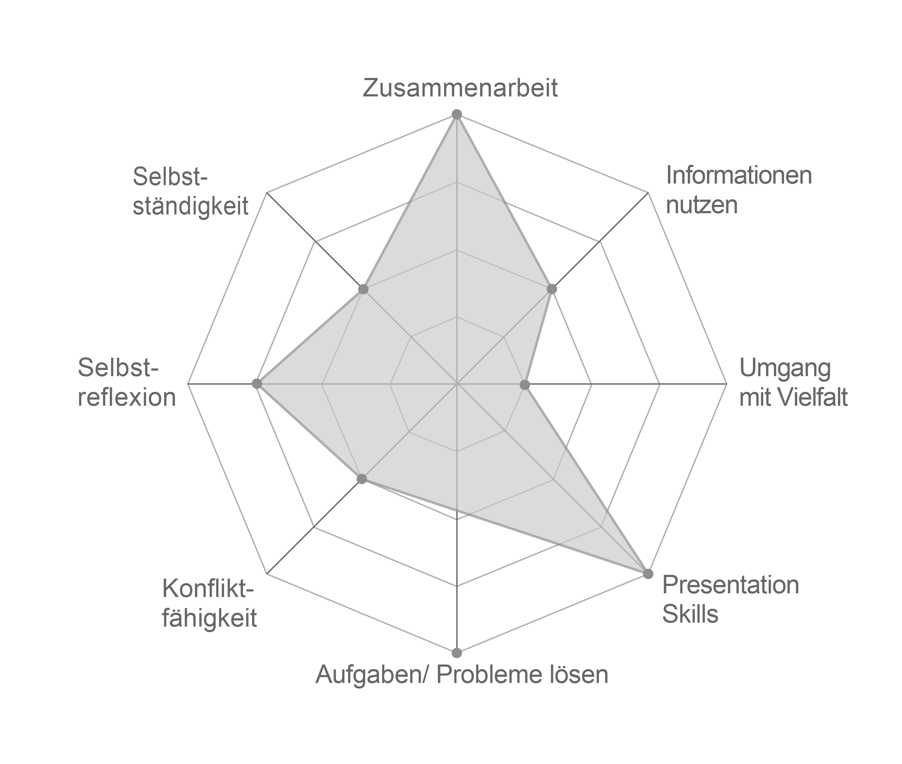 Spiderweb für Kompetenzen (Werte von 0 bis 5): Selbständigkeit=3, Zusammenarbeit=5, Informationen nutzen=2, Umgang mit Vielfalt=1, Presentation Skills=5, Probleme lösen=5, Konflikt-Fähigkeit=4, Selbstreflexion=4.