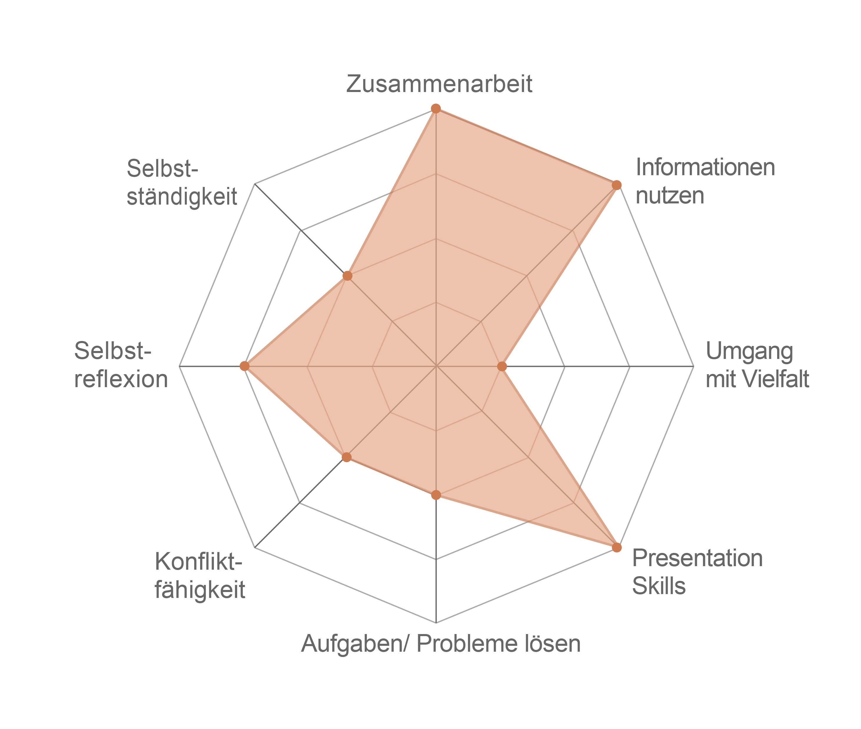 ALT= Spiderweb für Kompetenzen (Werte von 0 bis 5): Selbständigkeit=4, Zusammenarbeit=4, Informationen nutzen=4, Umgang mit Vielfalt=2, Presentation Skills=4, Probleme lösen=4, Konflikt-Fähigkeit=3, Selbstreflexion=4.