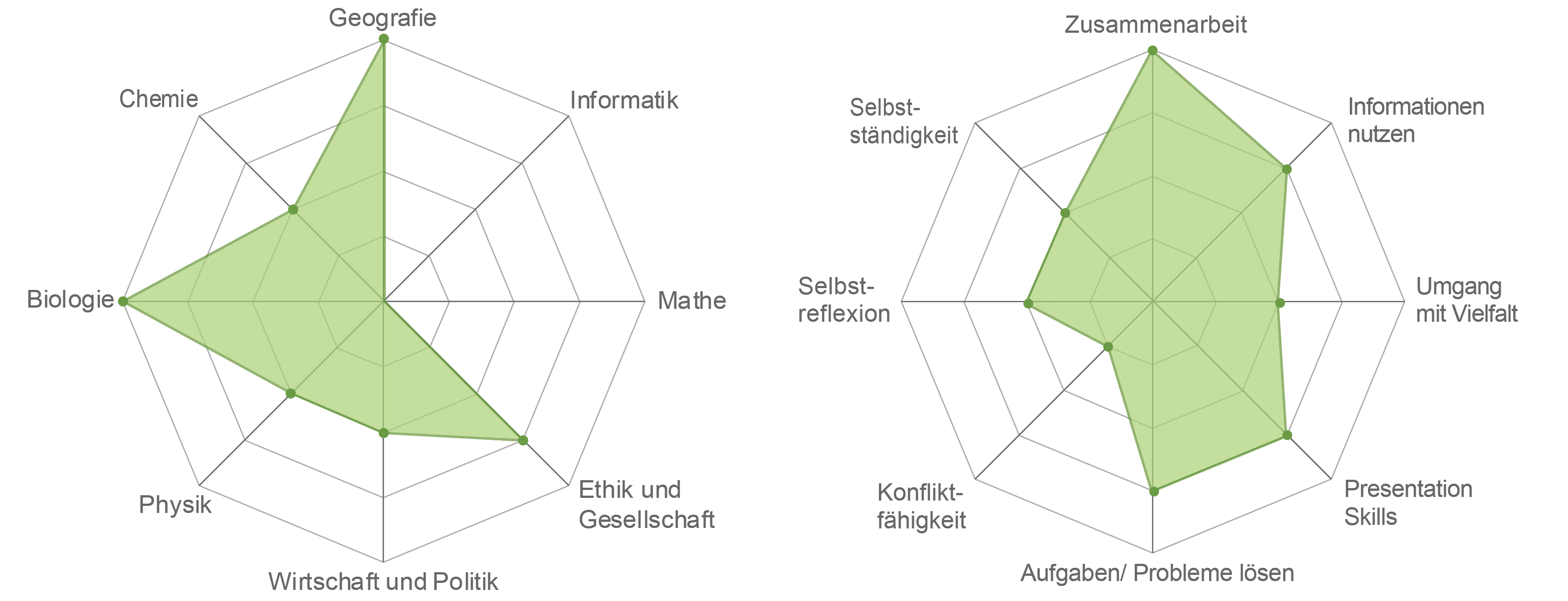 Links, Spiderweb für Fachbereiche (Werte von 0 bis 5): Chemie=2, Geographie=4, Informatik=0, Mathe=0, Ethik und Gesellschaft=4, Wirtschaft und Politik=2, Physik=2, Biologie=4. Rechts, Spiderweb für Skills (Werte von 0 bis 5): Selbständigkeit=2, Zusammenarbeit=4, Informationen nutzen=3, Umgang mit Vielfalt=2, Presentation Skills=3, Probleme lösen=3, Konflikt-Fähigkeit=1, Selbstreflexion=2.