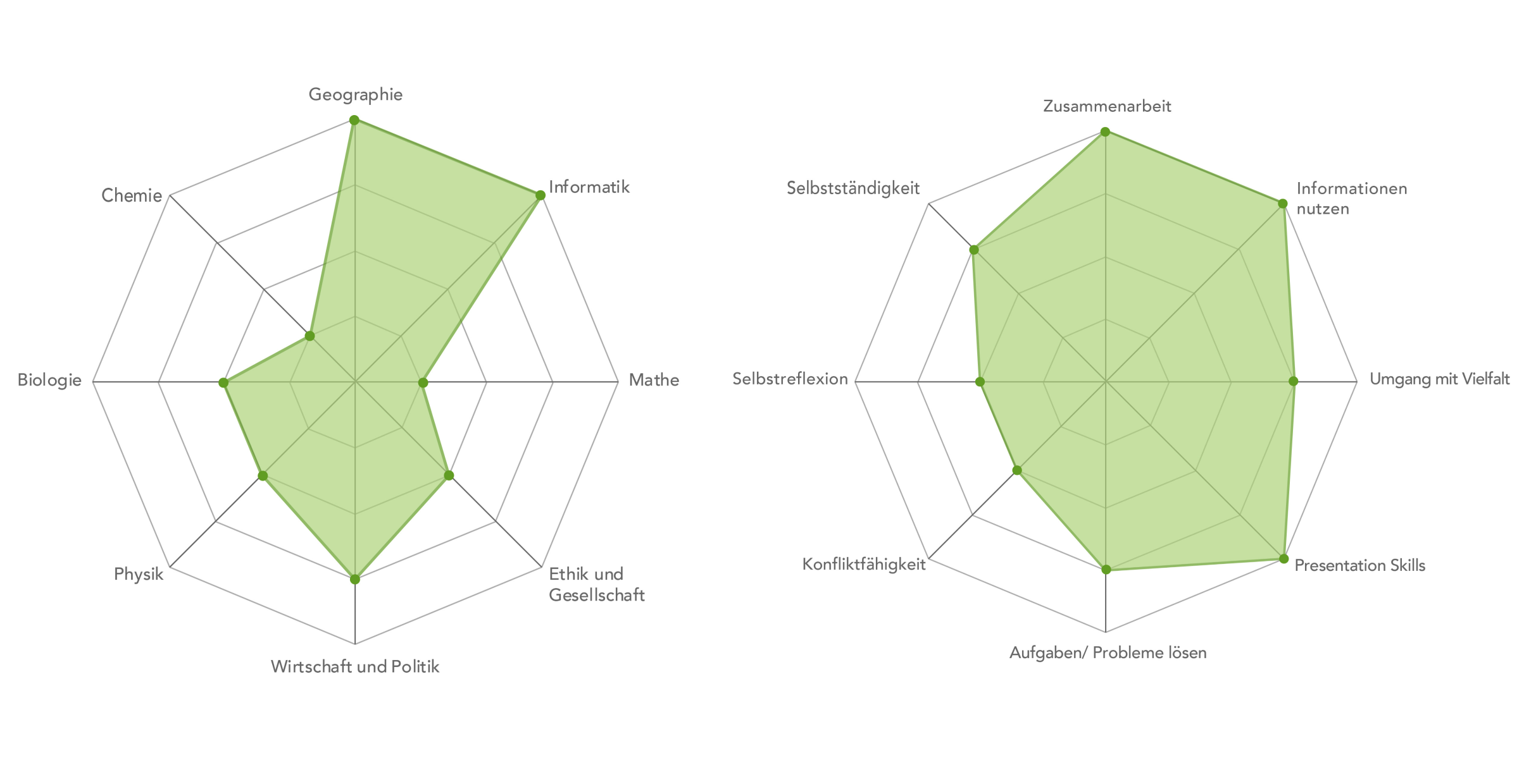 Links, Spiderweb für Fachbereiche (Werte von 0 bis 5): Chemie=2, Geographie=4, Informatik=0, Mathe=1, Ethik und Gesellschaft=3, Wirtschaft und Politik=2, Physik=2, Biologie=4. Rechts, Spiderweb für Skills (Werte von 0 bis 5): Selbständigkeit=3, Zusammenarbeit=4, Informationen nutzen=1, Umgang mit Vielfalt=2, Presentation Skills=3, Probleme lösen=3, Konflikt-Fähigkeit=2, Selbstreflexion=2