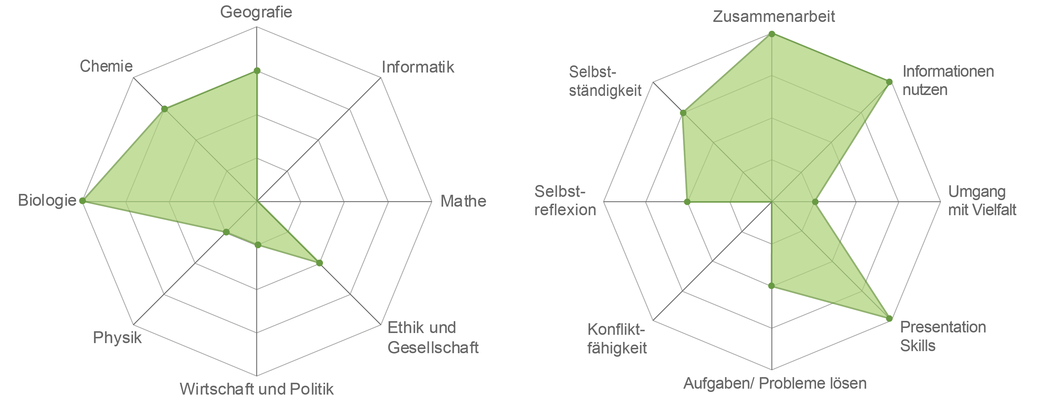 Links, Spiderweb für Fachbereiche (Werte von 0 bis 5): Chemie=3, Geographie=2, Informatik=0, Mathe=0, Ethik und Gesellschaft=2, Wirtschaft und Politik=1, Physik=1, Biologie=4. Rechts, Spiderweb für Skills (Werte von 0 bis 5): Selbständigkeit=3, Zusammenarbeit=4, Informationen nutzen=4, Umgang mit Vielfalt=1, Presentation Skills=4, Probleme lösen=2, Konflikt-Fähigkeit=0, Selbstreflexion=2.