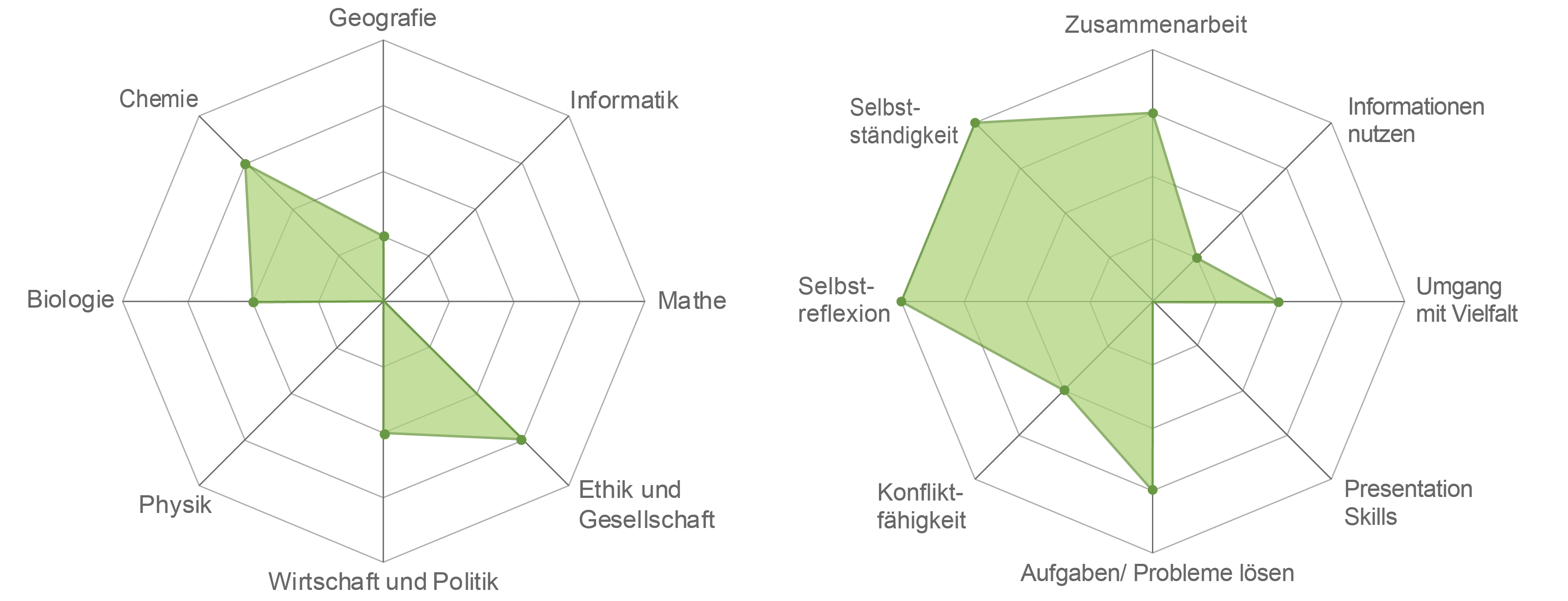 Links, Spiderweb für Fachbereiche (Werte von 0 bis 5): Chemie=3, Geographie=1, Informatik=0, Mathe=0, Ethik und Gesellschaft=3, Wirtschaft und Politik=2, Physik=0, Biologie=2. Rechts, Spiderweb für Skills (Werte von 0 bis 5): Selbständigkeit=4, Zusammenarbeit=3, Informationen nutzen=1, Umgang mit Vielfalt=2, Presentation Skills=0, Probleme lösen=3, Konflikt-Fähigkeit=2, Selbstreflexion=4