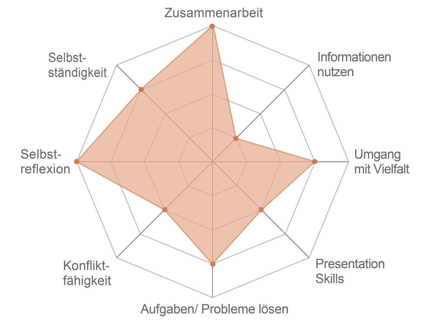 ALT= Spiderweb für Kompetenzen (Werte von 0 bis 5): Selbständigkeit=3, Zusammenarbeit=4, Informationen nutzen=1, Umgang mit Vielfalt=3, Presentation Skills=2, Probleme lösen=3, Konflikt-Fähigkeit=2, Selbstreflexion=4.