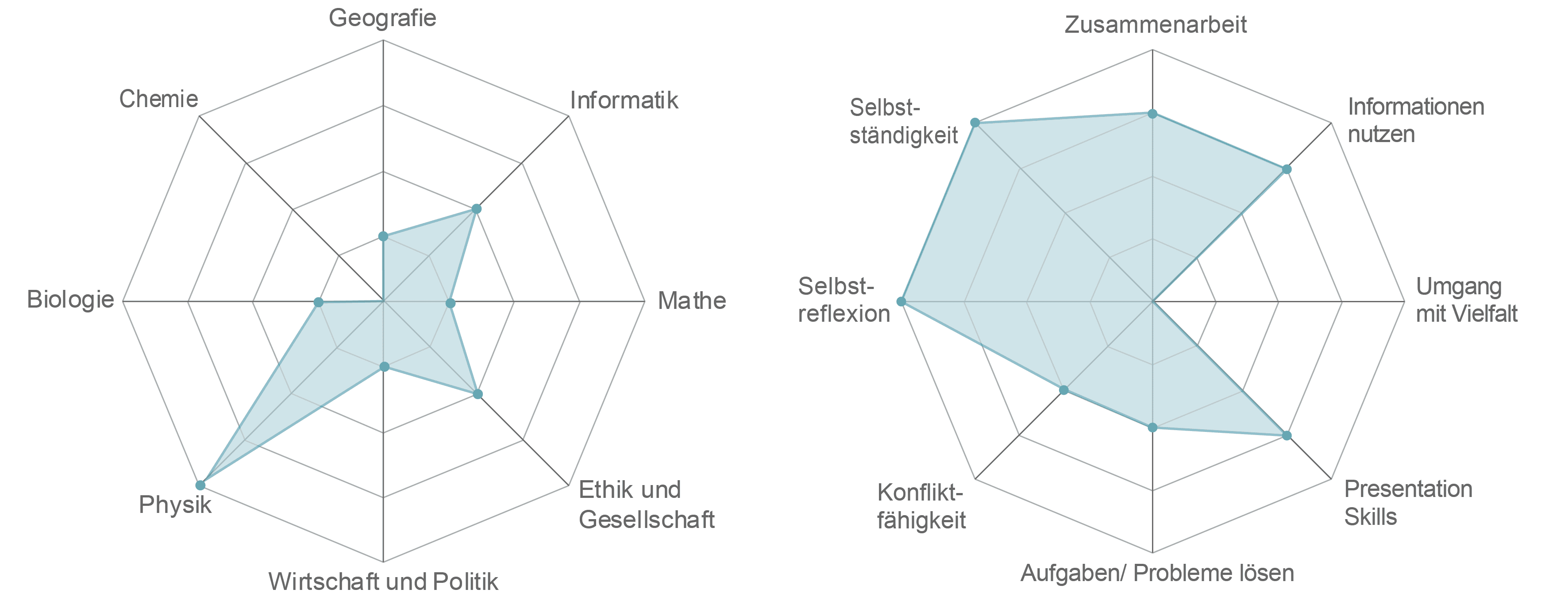 Links, Spiderweb für Fachbereiche (Werte von 0 bis 5): Chemie=0, Geographie=1, Informatik=2, Mathe=1, Ethik und Gesellschaft=2, Wirtschaft und Politik=1, Physik=4, Biologie=1. Links, Spiderweb für Kompetenzen (Werte von 0 bis 5): Selbständigkeit=4, Zusammenarbeit=3, Informationen nutzen=3, Umgang mit Vielfalt=0, Presentation Skills=3, Probleme lösen=2, Konflikt-Fähigkeit=2, Selbstreflexion=4.