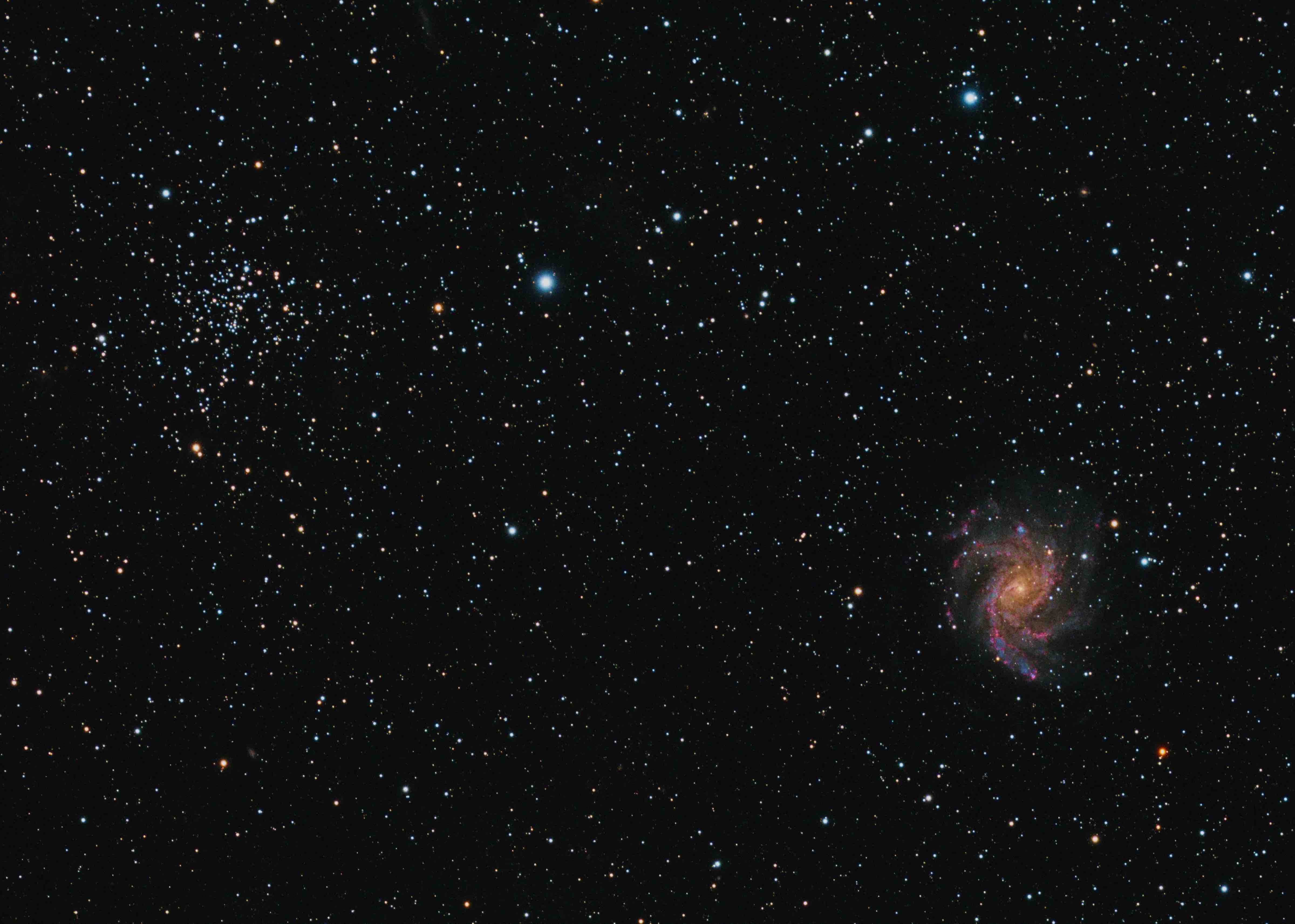 Forschungsobjekte 1. Preis: A colorful couple: Fireworks galaxy and open star cluster NGC 6939. This is an image of the Fireworks galaxy (NGC 6946) next to the open star cluster NGC 6939 taken from Lötschental (Wallis) with a 15cm aperture telescope that our students are using in their Astronomy Practicum. The Fireworks galaxy is 25 Million light-years away showing prominent purple regions of high star-formation. The star cluster is much closer at about 4000 light-years. It features both blue and red stars which is a sign of its advanced age. Some of the bright red stars are at the end of their lives and will soon explode as a supernovae. By Aurel Schneider