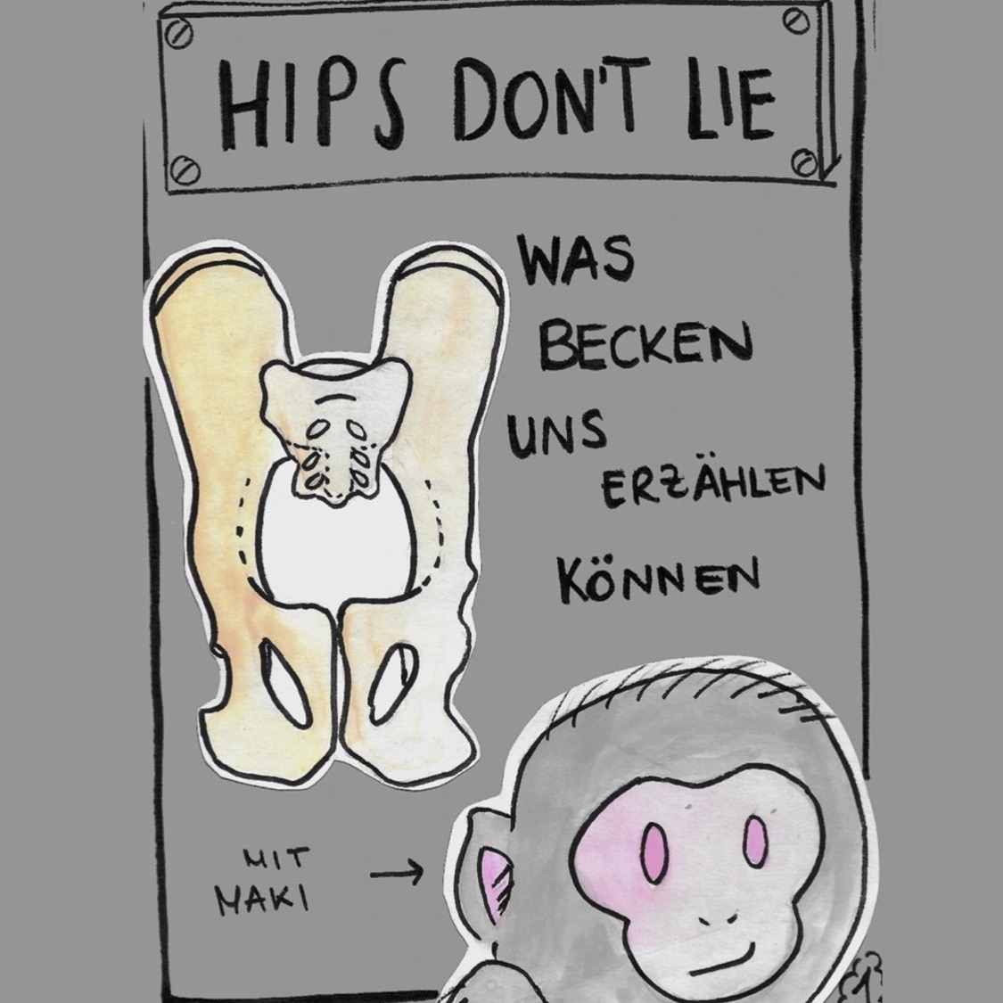 Zeichnung "Hips don't lie" (Hüften lügen nicht) mit einem Makaken (Gattung: Macaca)