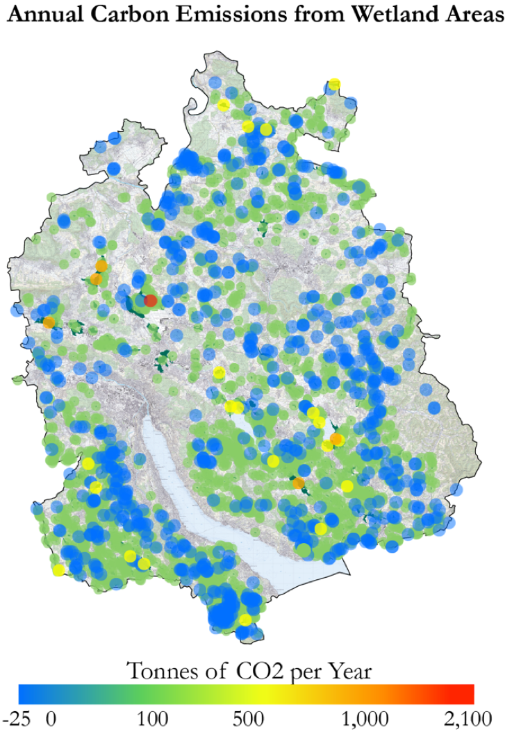 Kanton Zürich: Karte mit jährlichen Emissionen aus Feuchtgebieten