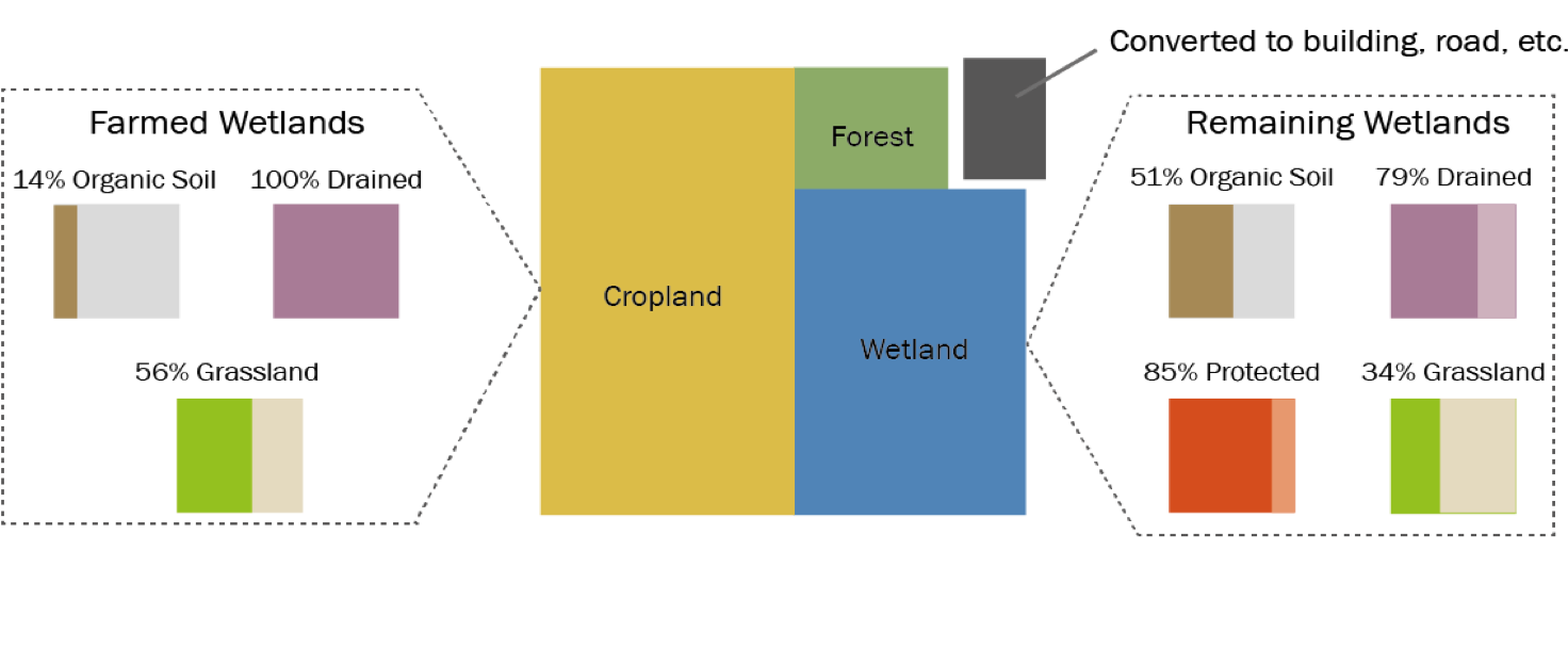 Schematische Darstellung (Prozentualer Anteil von Feuchtgebieten und absolute anzahl von Feuchtgebieten)